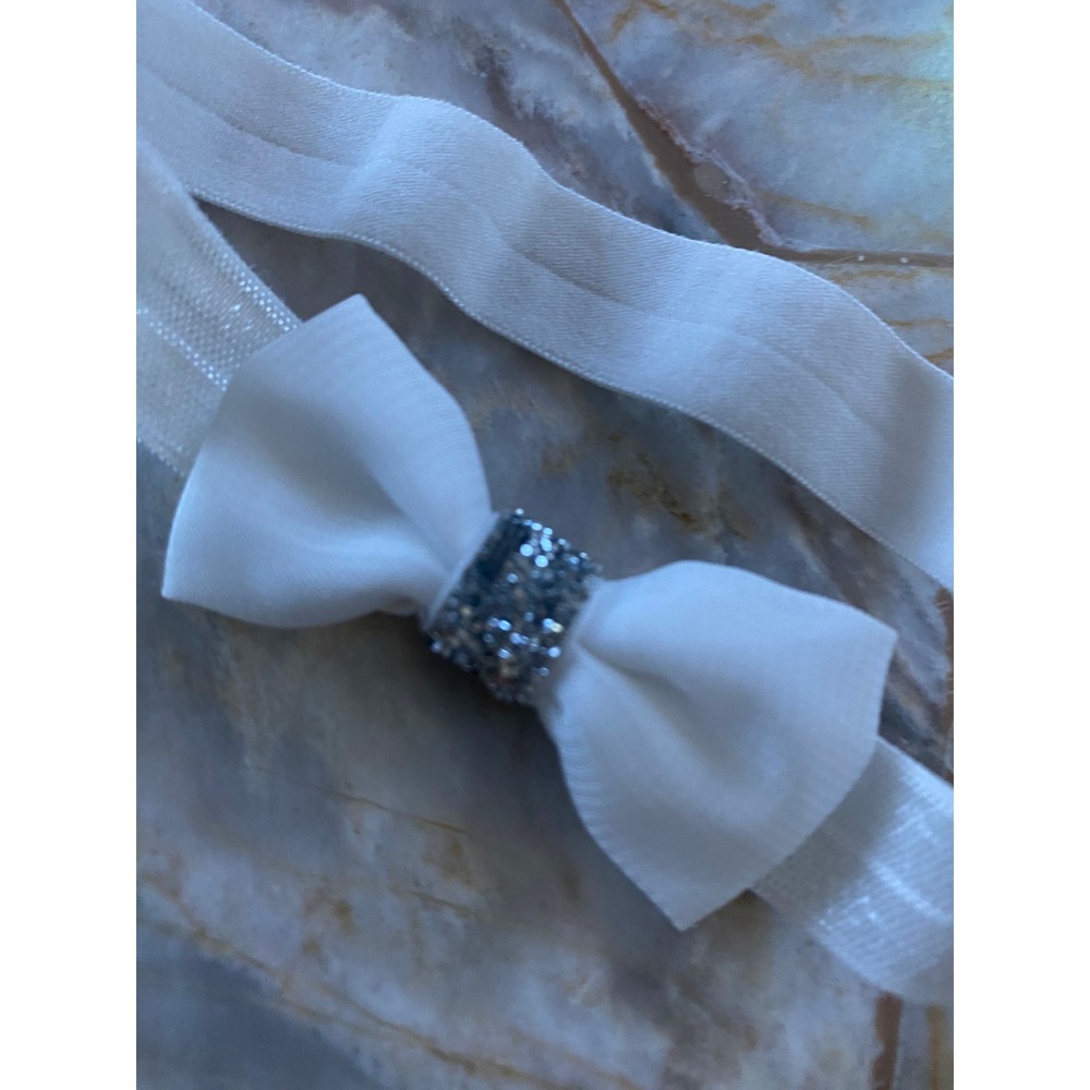 White Garter with Chiffon Bow and Rhinestone Center Accent Headband